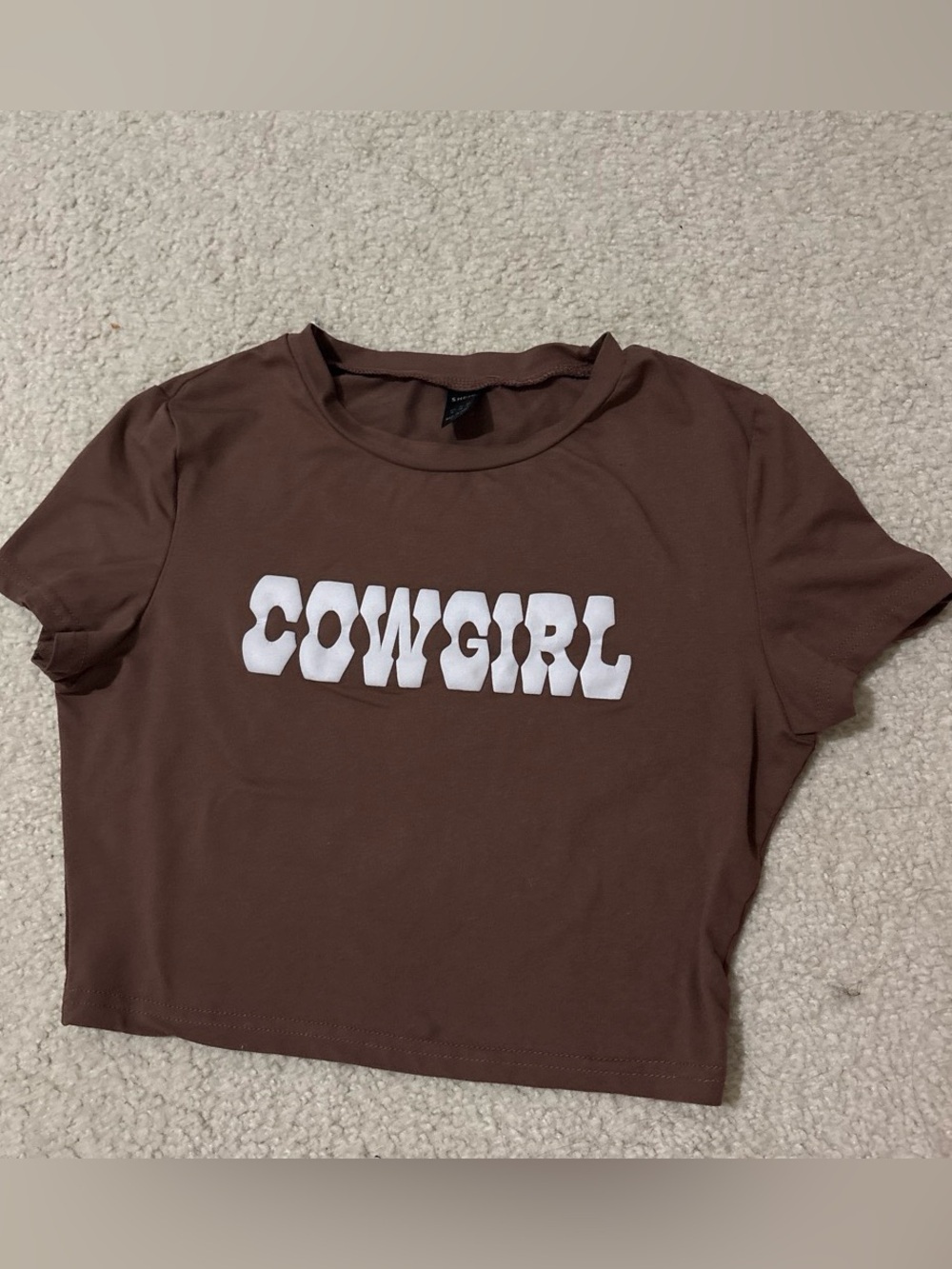 SHEIN Brown Cropped 'COWGIRL' Graphic Tee with White Lettering